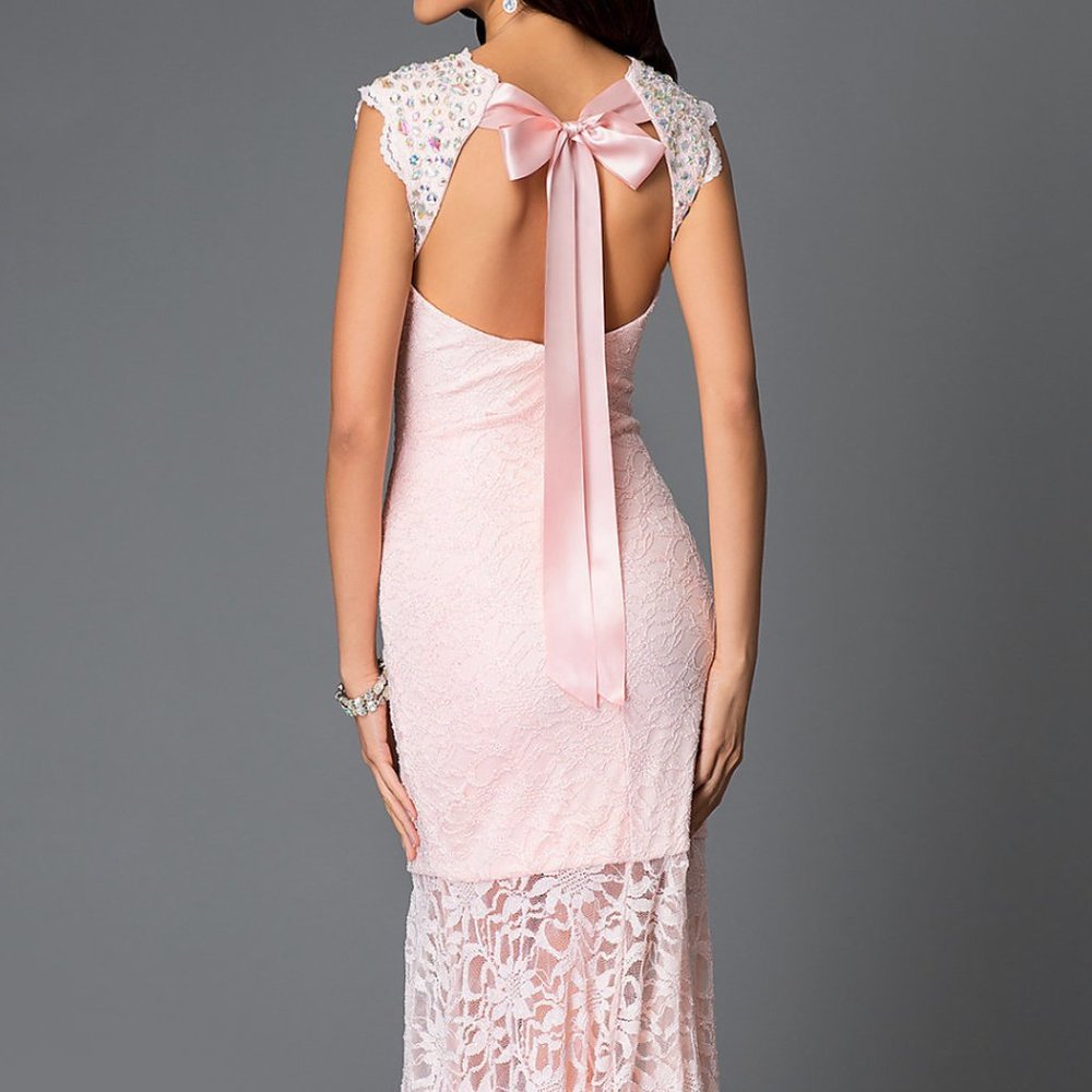 Long Cap Sleeve Lace Dress by Morgan & Co Prom